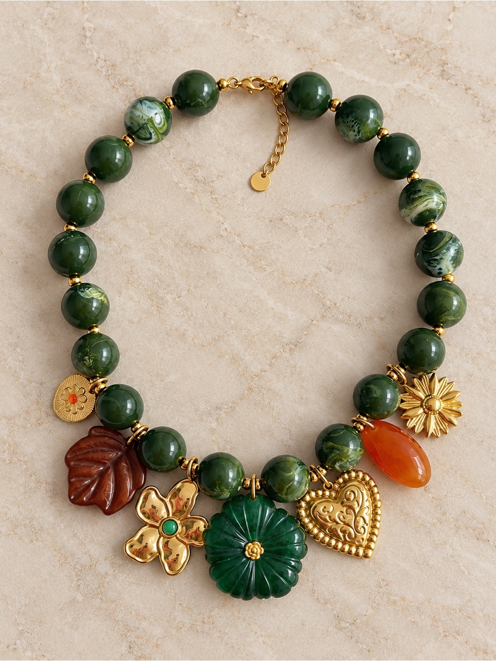 Green Beaded Floral Charm Statement Necklace